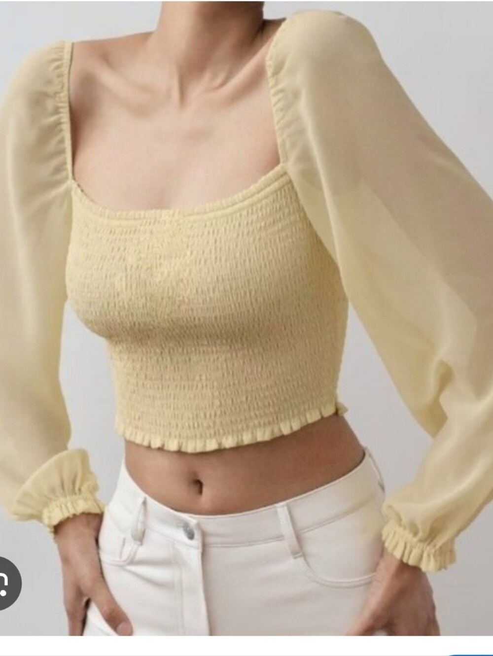 Aritzia Wilfred Butter Yellow Smocked Crop Top with Sheer Long Sleeves